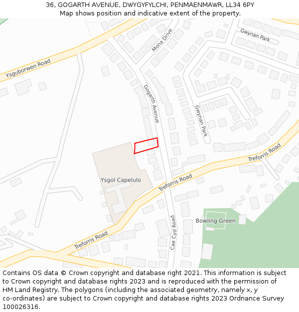 36, GOGARTH AVENUE, DWYGYFYLCHI, PENMAENMAWR, LL34 6PY: Location map and indicative extent of plot