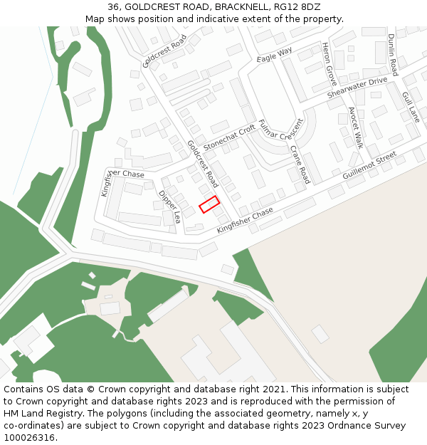 36, GOLDCREST ROAD, BRACKNELL, RG12 8DZ: Location map and indicative extent of plot