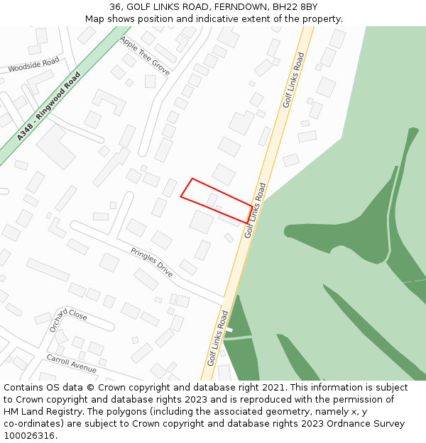 36, GOLF LINKS ROAD, FERNDOWN, BH22 8BY: Location map and indicative extent of plot