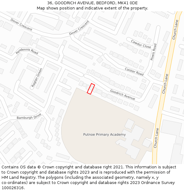 36, GOODRICH AVENUE, BEDFORD, MK41 0DE: Location map and indicative extent of plot