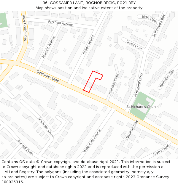 36, GOSSAMER LANE, BOGNOR REGIS, PO21 3BY: Location map and indicative extent of plot