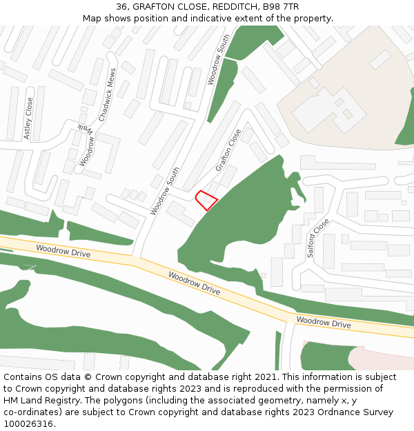 36, GRAFTON CLOSE, REDDITCH, B98 7TR: Location map and indicative extent of plot