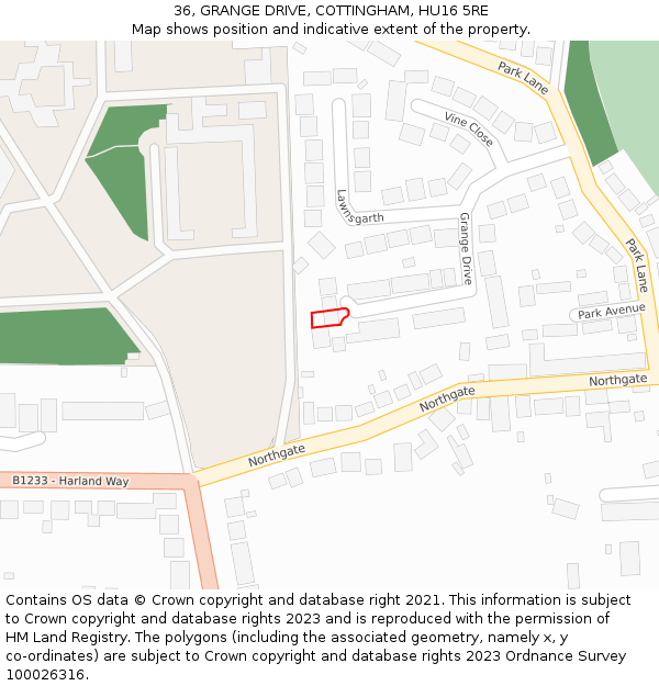 36, GRANGE DRIVE, COTTINGHAM, HU16 5RE: Location map and indicative extent of plot