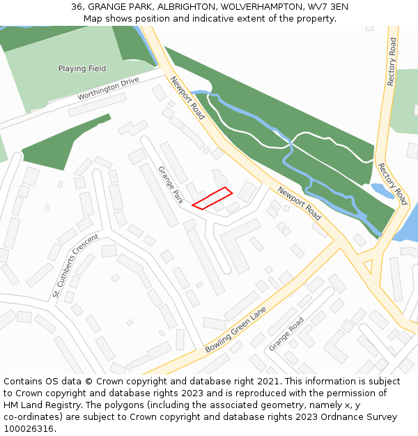 36, GRANGE PARK, ALBRIGHTON, WOLVERHAMPTON, WV7 3EN: Location map and indicative extent of plot