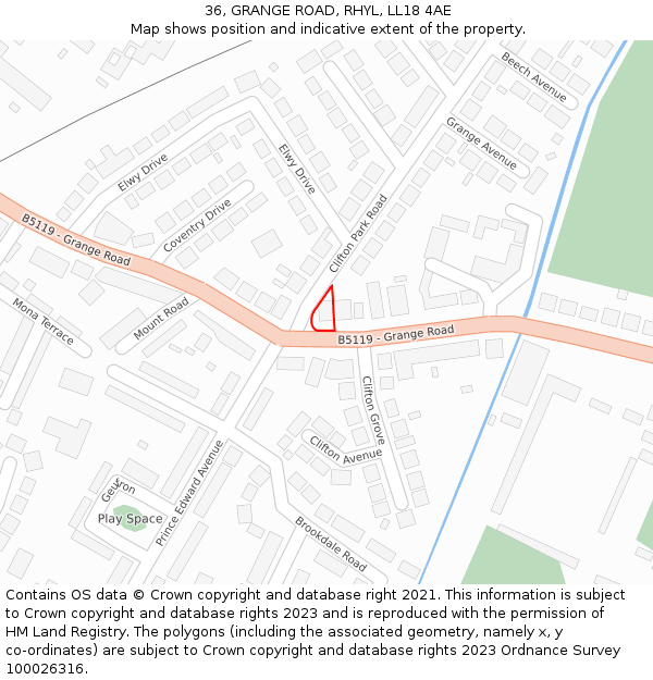 36, GRANGE ROAD, RHYL, LL18 4AE: Location map and indicative extent of plot