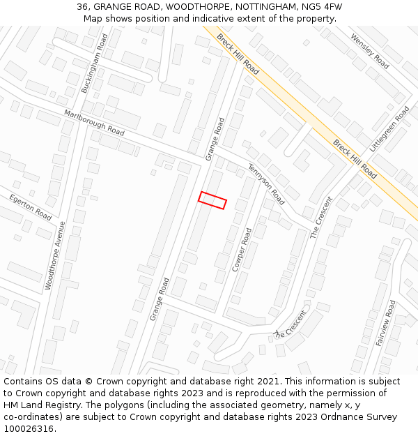 36, GRANGE ROAD, WOODTHORPE, NOTTINGHAM, NG5 4FW: Location map and indicative extent of plot