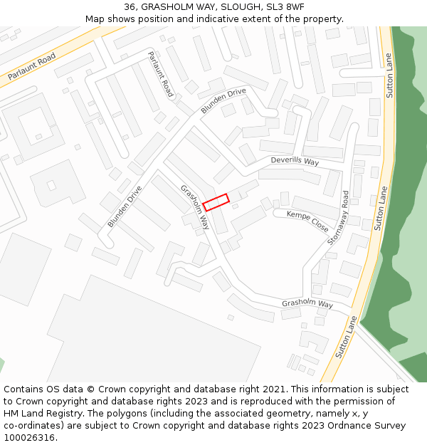 36, GRASHOLM WAY, SLOUGH, SL3 8WF: Location map and indicative extent of plot