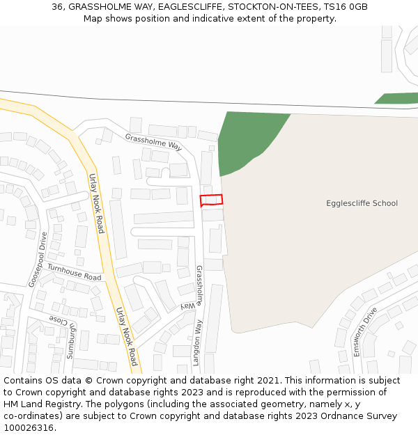 36, GRASSHOLME WAY, EAGLESCLIFFE, STOCKTON-ON-TEES, TS16 0GB: Location map and indicative extent of plot