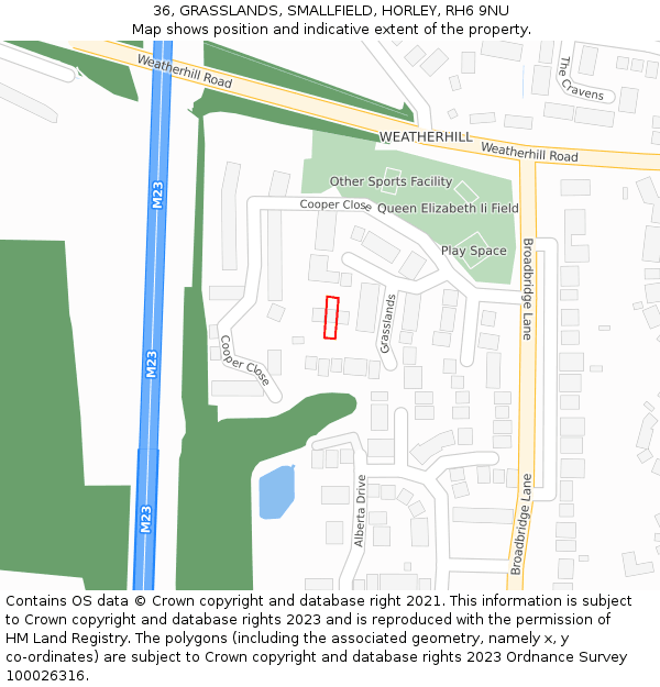 36, GRASSLANDS, SMALLFIELD, HORLEY, RH6 9NU: Location map and indicative extent of plot