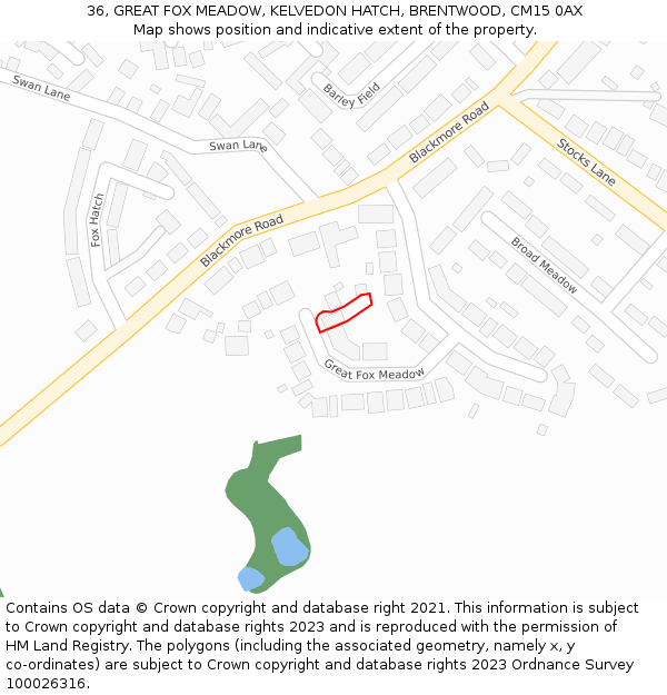 36, GREAT FOX MEADOW, KELVEDON HATCH, BRENTWOOD, CM15 0AX: Location map and indicative extent of plot