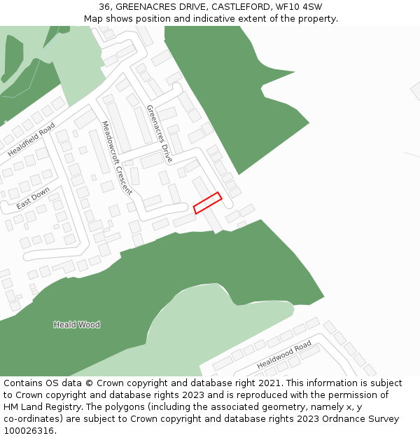 36, GREENACRES DRIVE, CASTLEFORD, WF10 4SW: Location map and indicative extent of plot