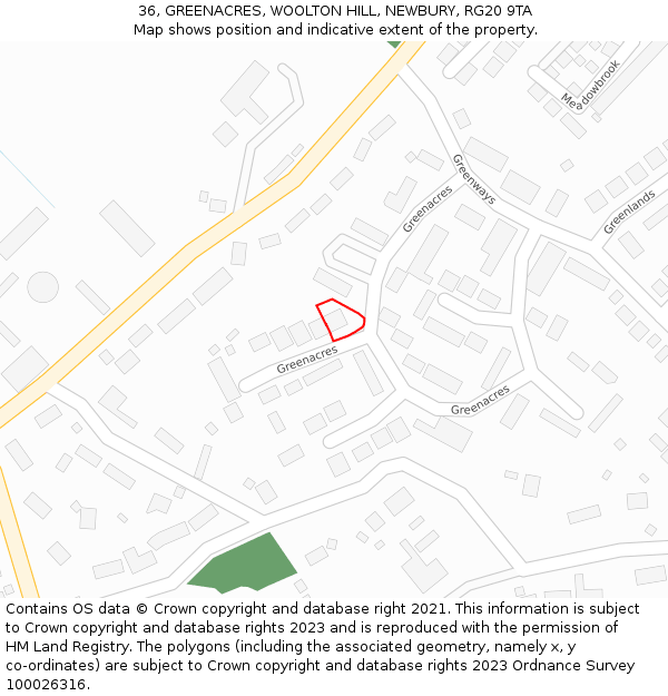 36, GREENACRES, WOOLTON HILL, NEWBURY, RG20 9TA: Location map and indicative extent of plot