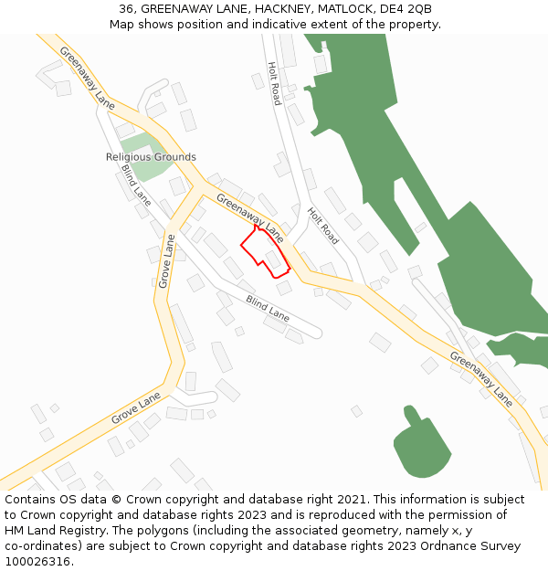 36, GREENAWAY LANE, HACKNEY, MATLOCK, DE4 2QB: Location map and indicative extent of plot