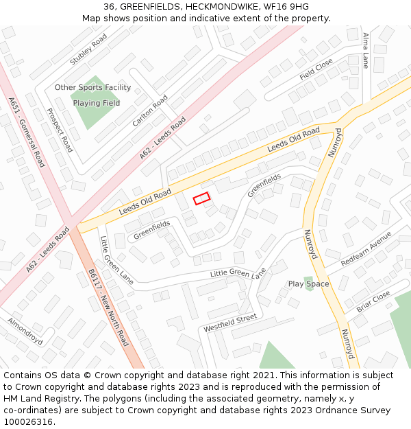 36, GREENFIELDS, HECKMONDWIKE, WF16 9HG: Location map and indicative extent of plot