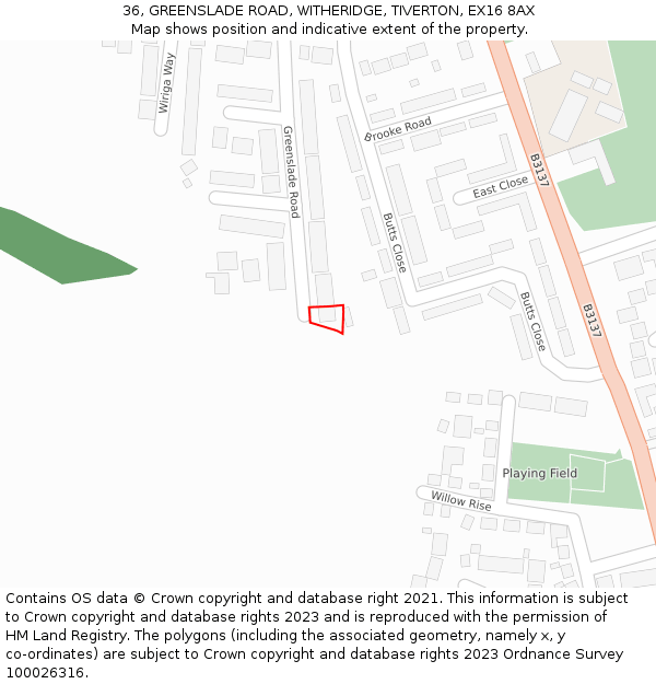 36, GREENSLADE ROAD, WITHERIDGE, TIVERTON, EX16 8AX: Location map and indicative extent of plot