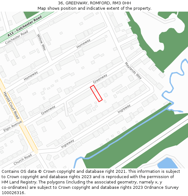 36, GREENWAY, ROMFORD, RM3 0HH: Location map and indicative extent of plot