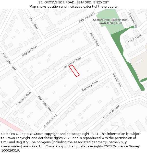 36, GROSVENOR ROAD, SEAFORD, BN25 2BT: Location map and indicative extent of plot