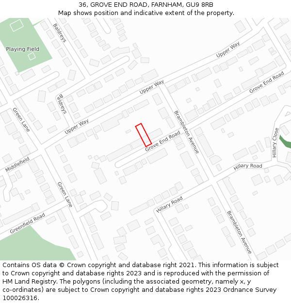 36, GROVE END ROAD, FARNHAM, GU9 8RB: Location map and indicative extent of plot