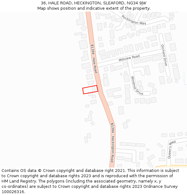 36, HALE ROAD, HECKINGTON, SLEAFORD, NG34 9JW: Location map and indicative extent of plot