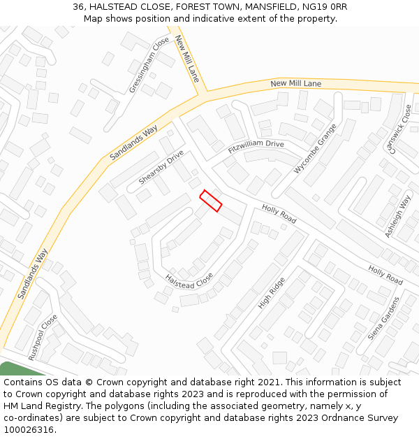 36, HALSTEAD CLOSE, FOREST TOWN, MANSFIELD, NG19 0RR: Location map and indicative extent of plot