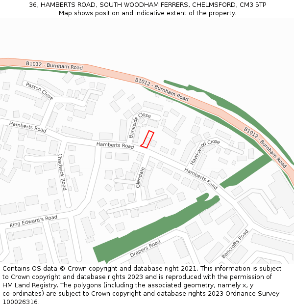 36, HAMBERTS ROAD, SOUTH WOODHAM FERRERS, CHELMSFORD, CM3 5TP: Location map and indicative extent of plot