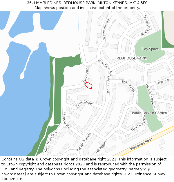 36, HAMBLEDINES, REDHOUSE PARK, MILTON KEYNES, MK14 5FS: Location map and indicative extent of plot