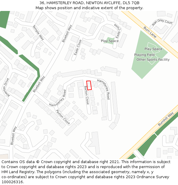 36, HAMSTERLEY ROAD, NEWTON AYCLIFFE, DL5 7QB: Location map and indicative extent of plot