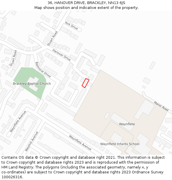 36, HANOVER DRIVE, BRACKLEY, NN13 6JS: Location map and indicative extent of plot