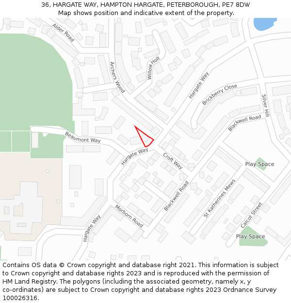 36, HARGATE WAY, HAMPTON HARGATE, PETERBOROUGH, PE7 8DW: Location map and indicative extent of plot