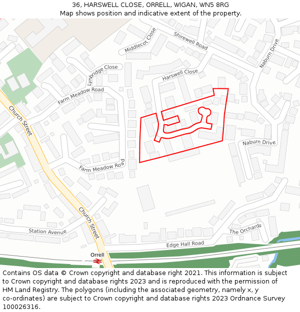 36, HARSWELL CLOSE, ORRELL, WIGAN, WN5 8RG: Location map and indicative extent of plot