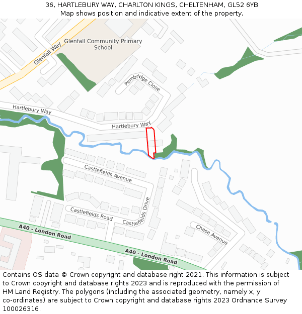 36, HARTLEBURY WAY, CHARLTON KINGS, CHELTENHAM, GL52 6YB: Location map and indicative extent of plot