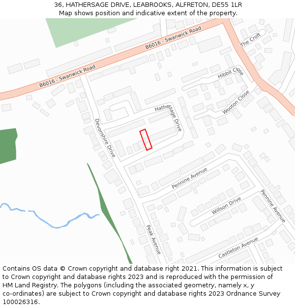 36, HATHERSAGE DRIVE, LEABROOKS, ALFRETON, DE55 1LR: Location map and indicative extent of plot