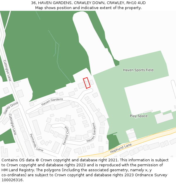 36, HAVEN GARDENS, CRAWLEY DOWN, CRAWLEY, RH10 4UD: Location map and indicative extent of plot