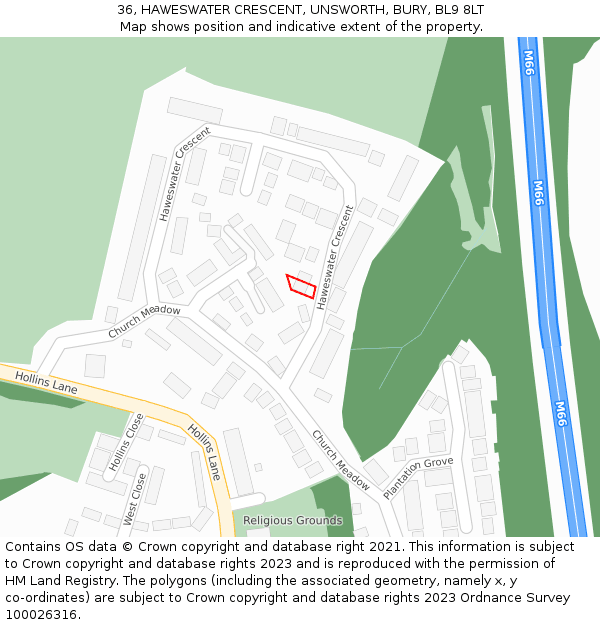 36, HAWESWATER CRESCENT, UNSWORTH, BURY, BL9 8LT: Location map and indicative extent of plot