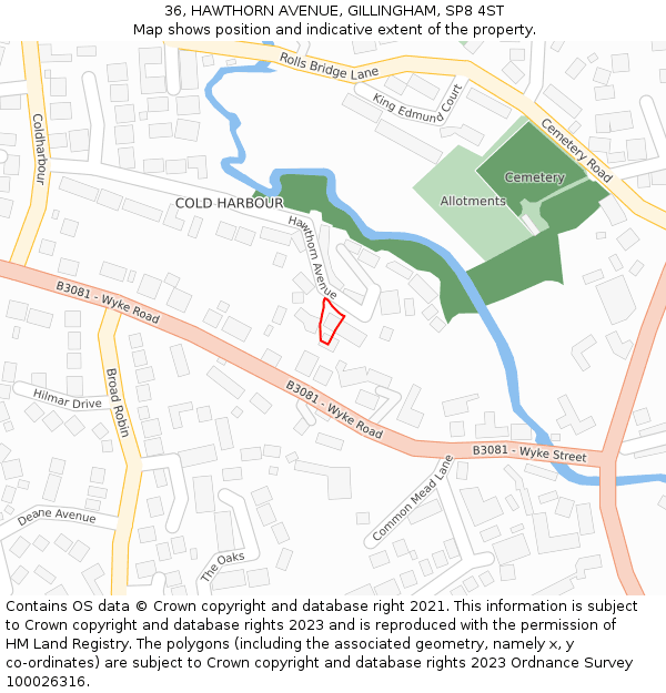 36, HAWTHORN AVENUE, GILLINGHAM, SP8 4ST: Location map and indicative extent of plot