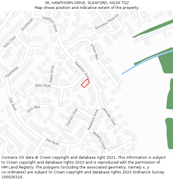 36, HAWTHORN DRIVE, SLEAFORD, NG34 7GZ: Location map and indicative extent of plot