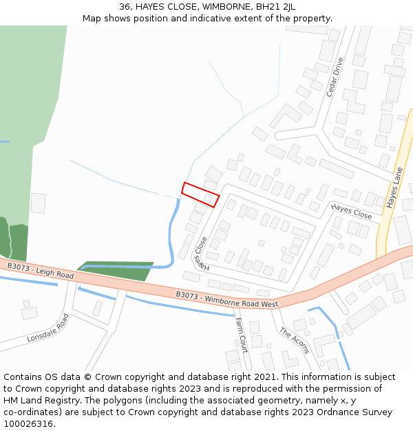 36, HAYES CLOSE, WIMBORNE, BH21 2JL: Location map and indicative extent of plot