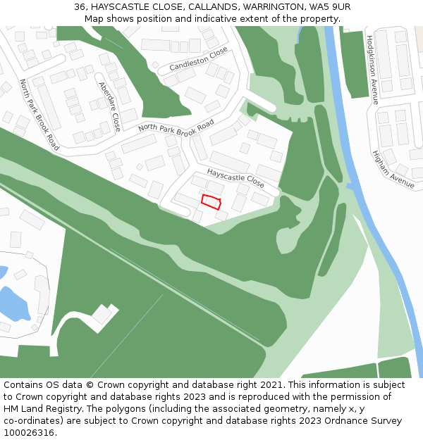 36, HAYSCASTLE CLOSE, CALLANDS, WARRINGTON, WA5 9UR: Location map and indicative extent of plot