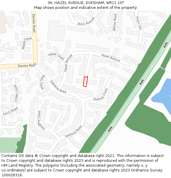 36, HAZEL AVENUE, EVESHAM, WR11 1XT: Location map and indicative extent of plot