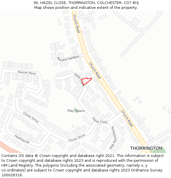 36, HAZEL CLOSE, THORRINGTON, COLCHESTER, CO7 8HJ: Location map and indicative extent of plot