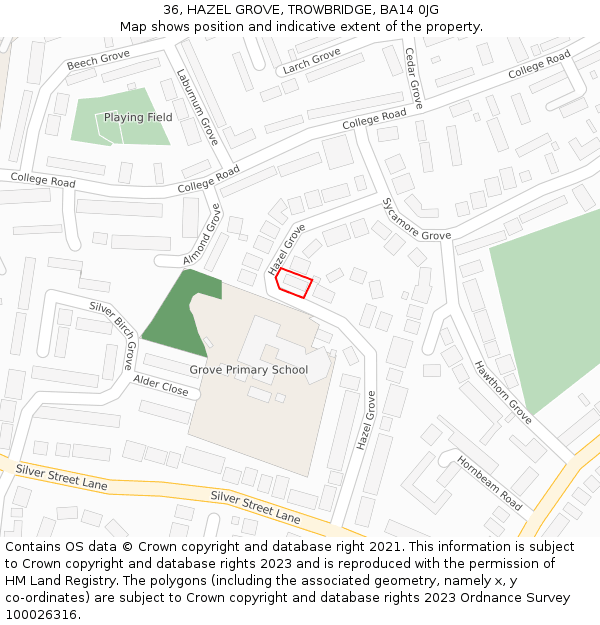 36, HAZEL GROVE, TROWBRIDGE, BA14 0JG: Location map and indicative extent of plot
