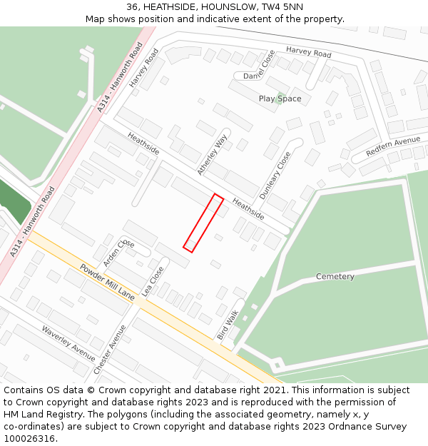 36, HEATHSIDE, HOUNSLOW, TW4 5NN: Location map and indicative extent of plot