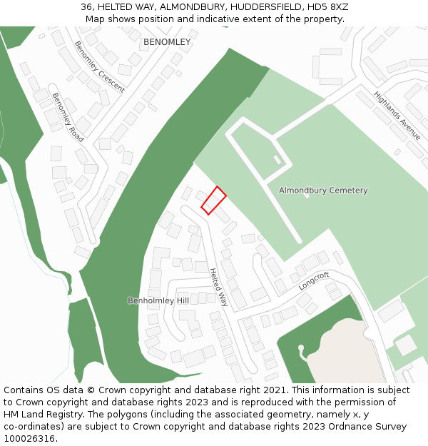 36, HELTED WAY, ALMONDBURY, HUDDERSFIELD, HD5 8XZ: Location map and indicative extent of plot