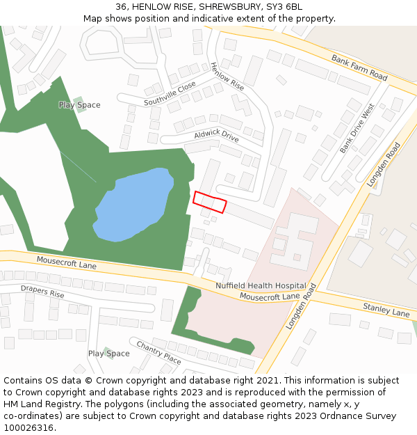 36, HENLOW RISE, SHREWSBURY, SY3 6BL: Location map and indicative extent of plot