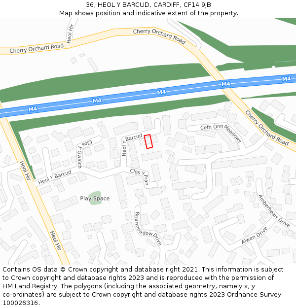 36, HEOL Y BARCUD, CARDIFF, CF14 9JB: Location map and indicative extent of plot