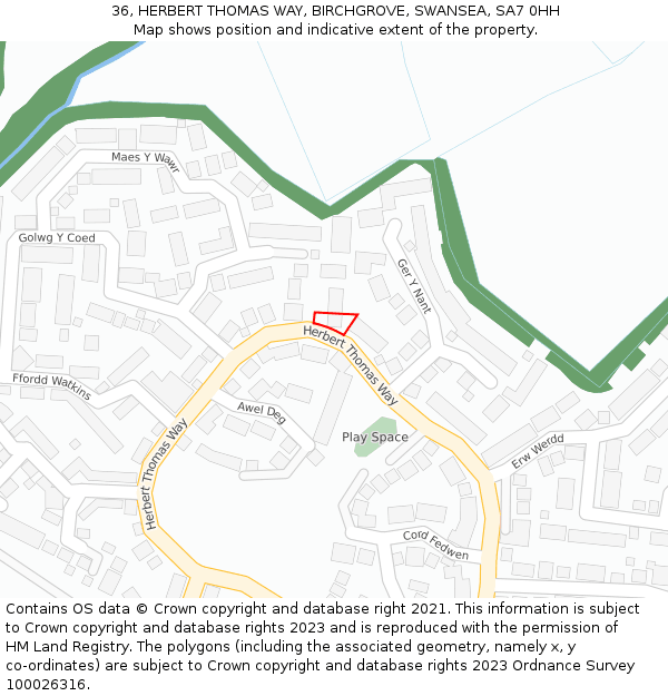 36, HERBERT THOMAS WAY, BIRCHGROVE, SWANSEA, SA7 0HH: Location map and indicative extent of plot