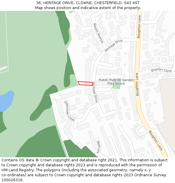 36, HERITAGE DRIVE, CLOWNE, CHESTERFIELD, S43 4ST: Location map and indicative extent of plot