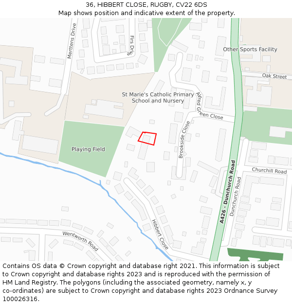 36, HIBBERT CLOSE, RUGBY, CV22 6DS: Location map and indicative extent of plot