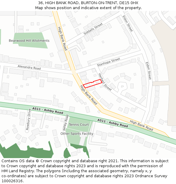 36, HIGH BANK ROAD, BURTON-ON-TRENT, DE15 0HX: Location map and indicative extent of plot