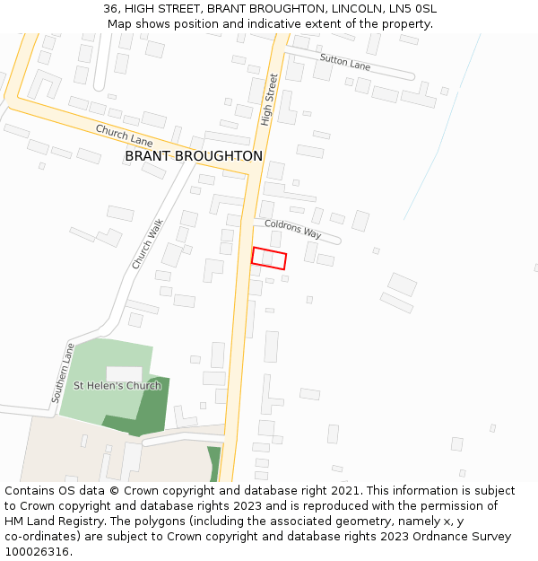 36, HIGH STREET, BRANT BROUGHTON, LINCOLN, LN5 0SL: Location map and indicative extent of plot